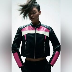 Zara Women’s Pink & Black Cropped Moto Faux Leather Jacket Size M
